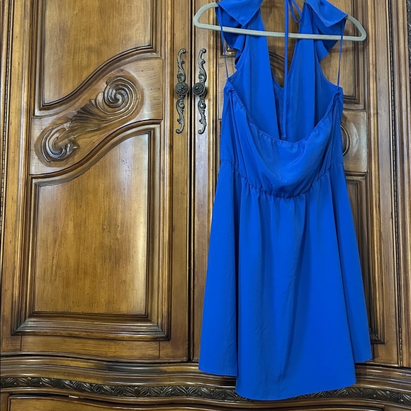 Amanda Uprichard Y2K Vintage Royal Blue Ruffle. Halter V Neck Backless Dress L - Picture 6 of 10